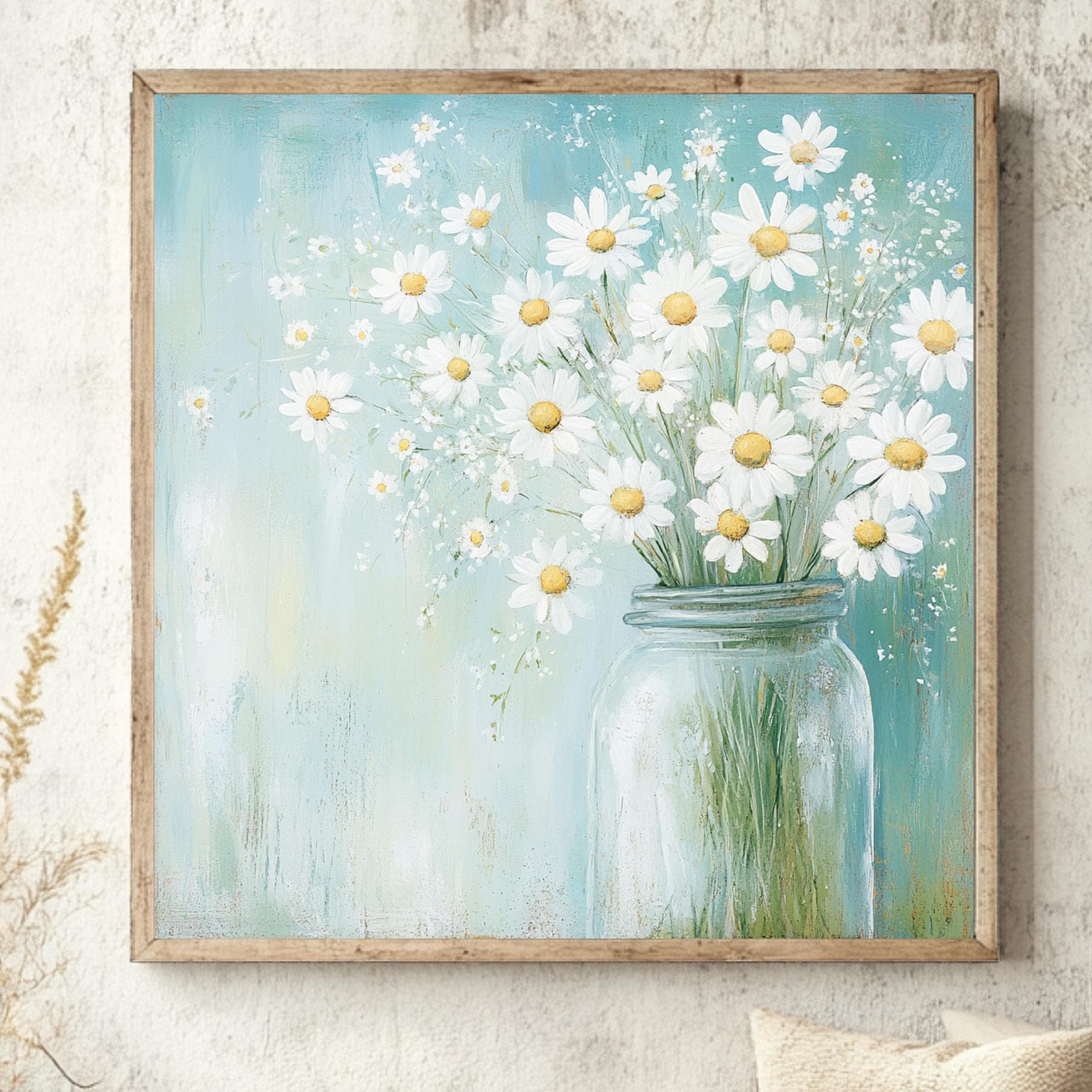 Farmhouse Daisy Wall Art, Mason Jar Flower Canvas Print, Rustic Floral Wooden Frame Decor, Country Cottage Daisy Painting