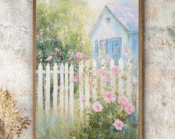 Cuadro decorativo de jardín rústico, lienzo enmarcado rústico, estampado de valla con rosas rosas, decoración floral de granja, obra de arte para casa de campo, tapiz de madera para colgar en la pared.