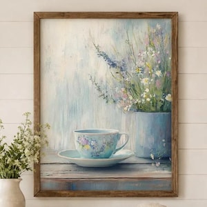 Toile imprimée à motifs floraux champêtres, décoration murale tasse de thé, tableau bleu style ferme pour cuisine, décoration vintage pour salon de thé, cadeau de pendaison de crémaillère chaleureux