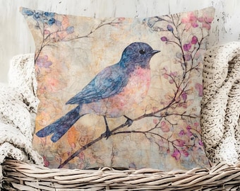 Spring Floral Bird Accent Pillow, Country Farmhouse Throw Pillow, Woven Pillow, Nature-Inspired Pillow Cover, Blue Bird Pillowcase