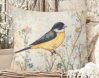 Farmhouse Goldfinch Floral Pillow, Botanical Accent Pillow, Throw Pillow, Woven Pillow, Cottage Wildflower Pillow Cover, Rustic Bird Decor