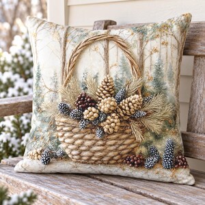 May include: A square throw pillow featuring a printed design of a woven basket filled with pinecones and evergreen sprigs. The background depicts a forest scene with tall trees. Additional pinecones are scattered at the base of the basket.