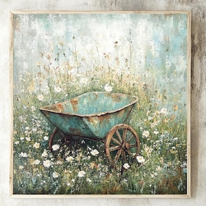 Farmhouse Wheelbarrow Framed Canvas, Wooden Framed Canvas, Rustic Farmhouse Wall Art, Old Farmhouse Decor, Country Wall Art, Farmhouse Print