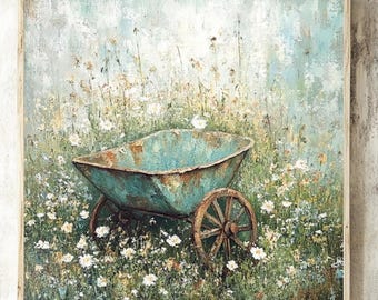 Farmhouse Rusty Wheelbarrow Canvas Framed Wall Art, Country Meadow Watercolor Print for Entryway Kitchen, Muted Farm Artwork Decor
