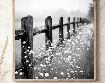 Country Fence Wildflower Wall Art, Rustic Black and White Framed Canvas, Vintage Floral Print, Botanical Home Decor, Farmhouse Accent