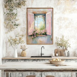 Cottage Window with Pink Shutters Wooden Canvas Wall Art, Romantic Floral Garden View, French Country Pastel Painting Print immagine 4