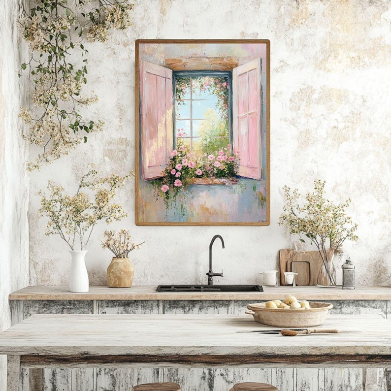 Cottage Window with Pink Shutters Wooden Canvas Wall Art, Romantic Floral Garden View, French Country Pastel Painting Print immagine 4