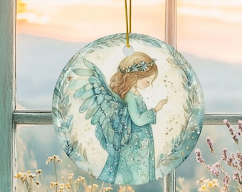 Adorno de ángel, ángel de acuarela con vestido azul, impresión espalda con espalda, regalo de Navidad sereno y espiritual.