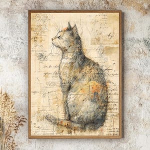 Vintage Katzen Illustration Wandkunst, rustikale Bauernhaus gerahmte Leinwand, wunderliche Katzen Skizze, gemütliche ländliche Wohnkultur Bild 1