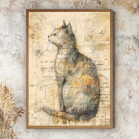Vintage Cat Illustration Wall Art, Rustic Farmhouse Framed Canvas, Whimsical Feline Sketch Print, Cozy Country Home Decor