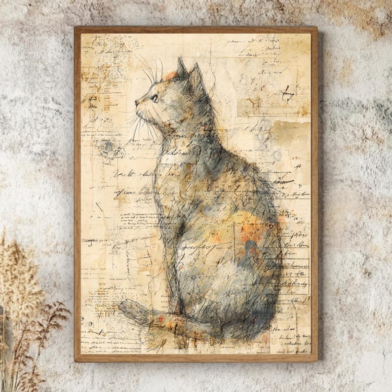 Vintage Katzen Illustration Wandkunst, rustikale Bauernhaus gerahmte Leinwand, wunderliche Katzen Skizze, gemütliche ländliche Wohnkultur Bild 1