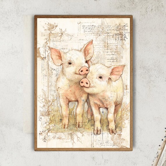 Country Piglet Wall Art, Farmhouse Animal Framed Canvas, Rustic Baby Pig Print, Vintage Farm Animal Artwork, Cottagecore Decor