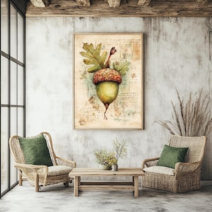 Vintage ekollon botanisk väggkonst, rustik natur inramad canvas, nyckfullt hösttryck av ek, skogsdekor, mysigt lantlig konstverk bild 6