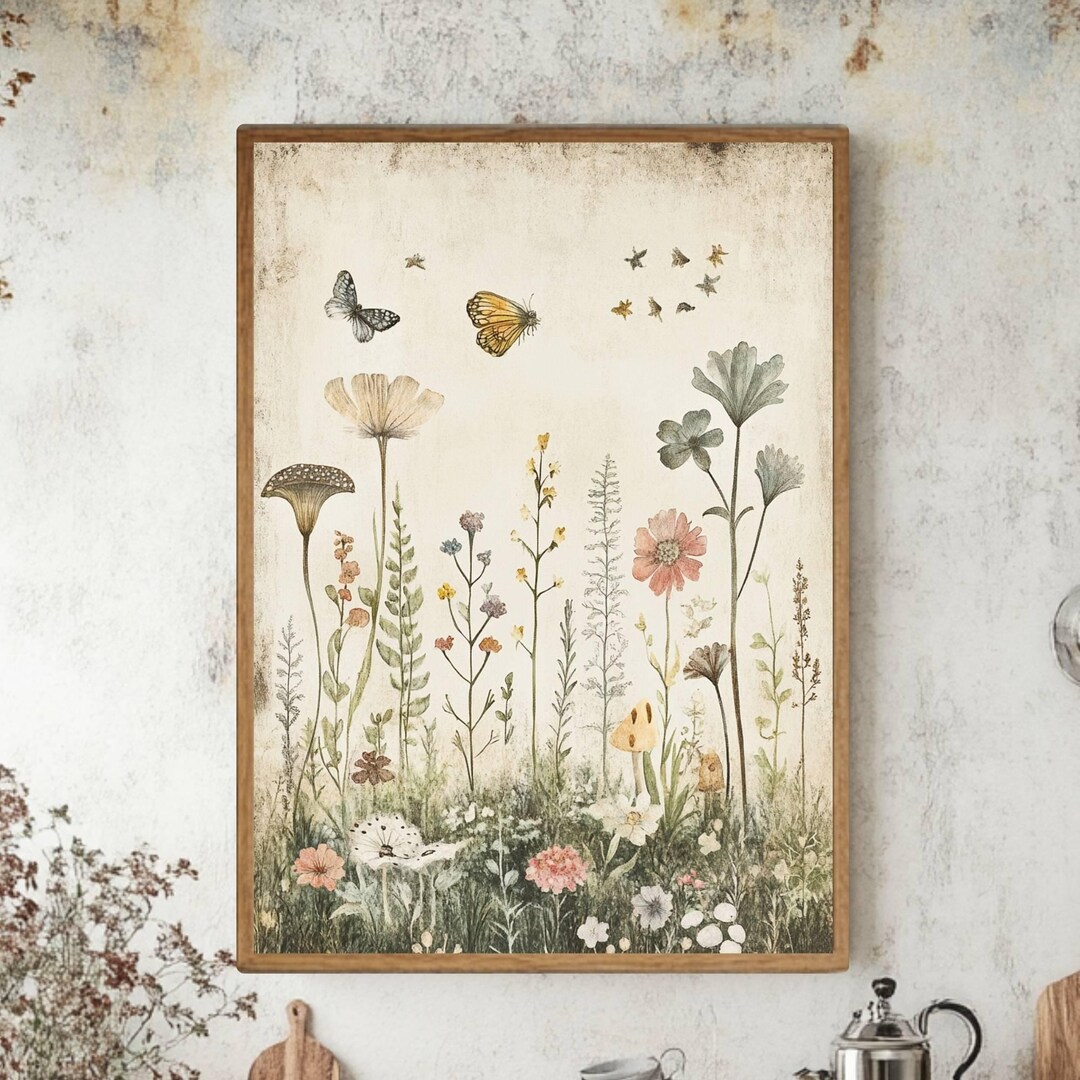 Wildflower and Butterfly Wooden Canvas Wall Art, Botanical Nature Print ...
