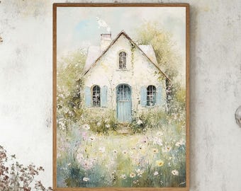 Può includere: Un dipinto a olio incorniciato raffigurante un cottage bianco con persiane azzurre e una porta abbinata, immerso in un giardino rigoglioso pieno di fiori selvatici bianchi e gialli, fogliame verde tenue e un camino con un filo di fumo.