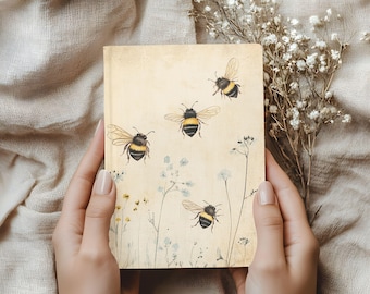 Vintage Bee Garden Hardcover Journal, Cottagecore Wildflower Notebook, Nature Insect Lined Diary, Matte Honeybee Diary Gift for Her