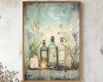 Vintage Apotheker Glasflasche Wandkunst, Botanischer Herbarium Druck, Wildblumen Leinwand, rustikale Cottagecore Küche Wohnkultur