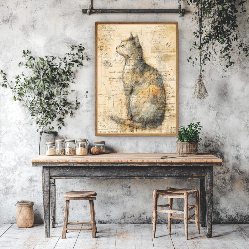 Vintage Katzen Illustration Wandkunst, rustikale Bauernhaus gerahmte Leinwand, wunderliche Katzen Skizze, gemütliche ländliche Wohnkultur Bild 3