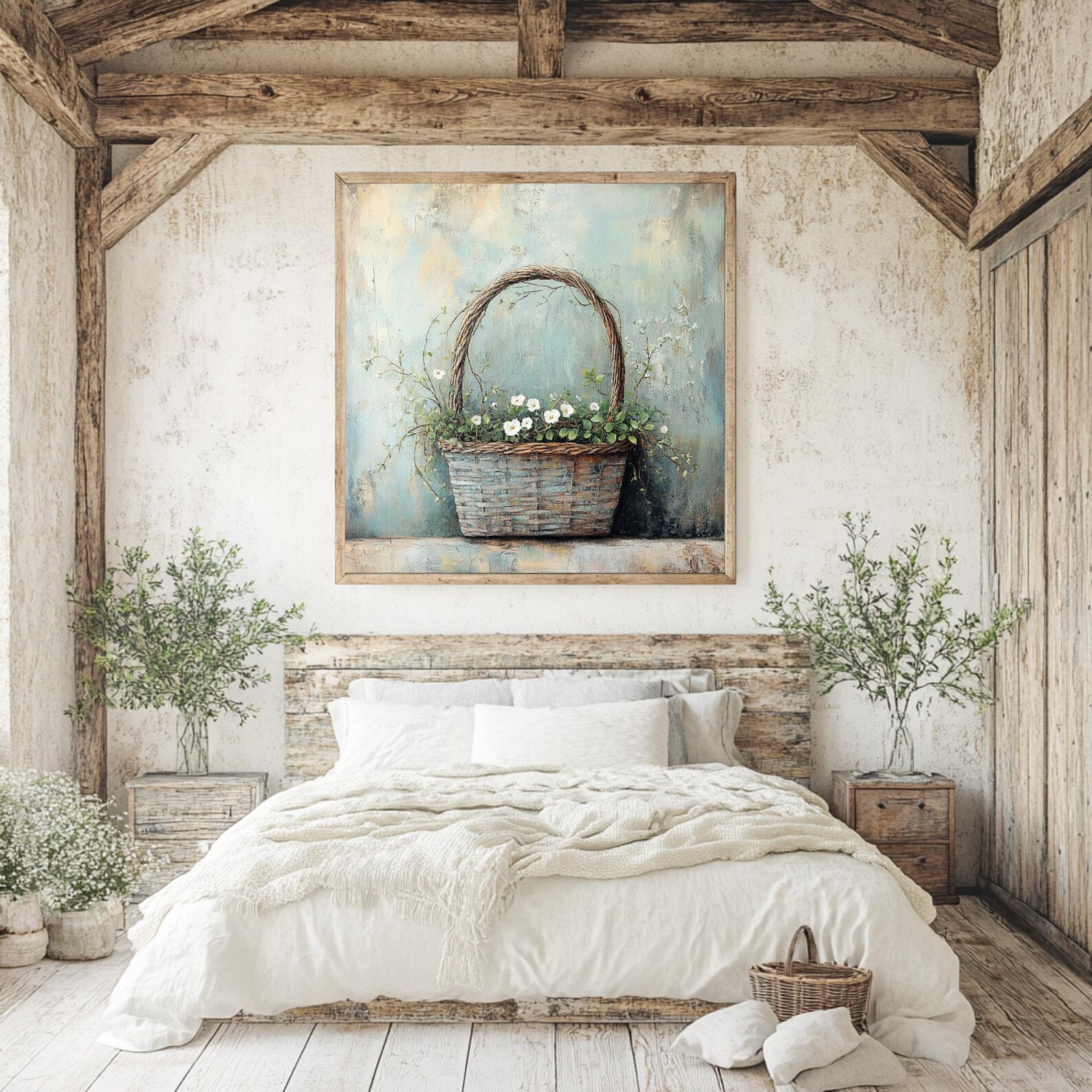 Farmhouse Basket Wall Art, Rustic Floral Canvas Print, Country Cottage