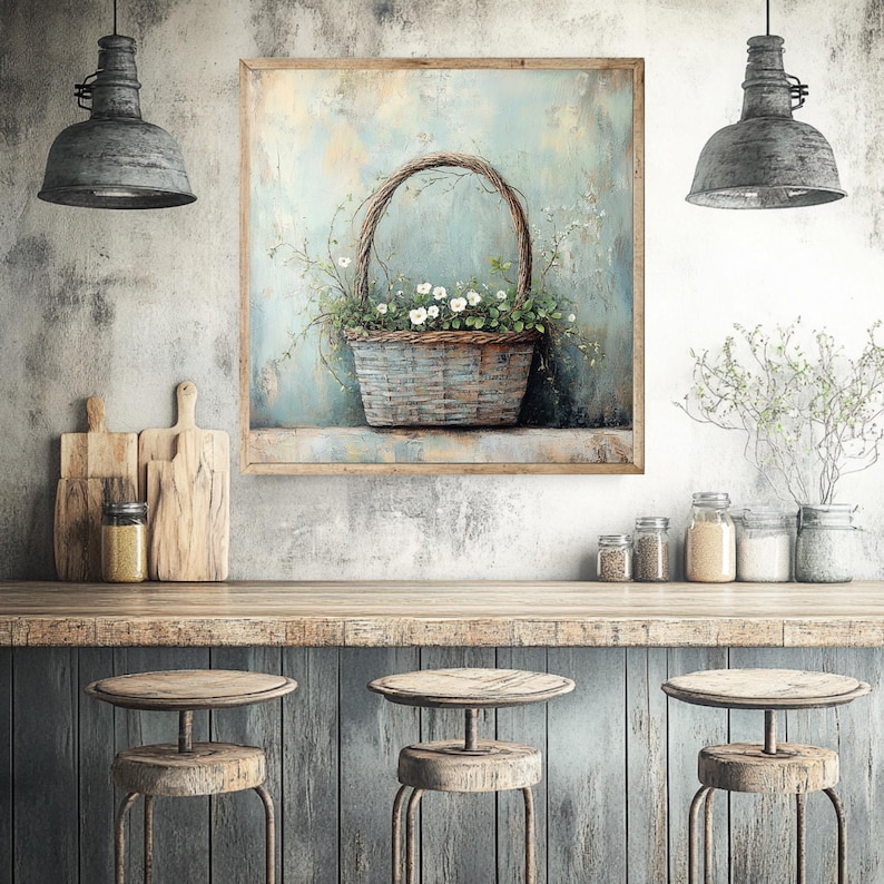 Farmhouse Basket Wall Art, Rustic Floral Canvas Print, Country Cottage Flower Basket Artwork, White Blossoms Wooden Frame Decor image 6