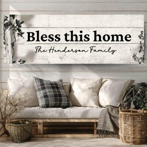 Personalized Family Name Wall Art, Bless This Home Canvas Print, Rustic Farmhouse White Wood Sign, Horizontal Entryway Wall Decor
