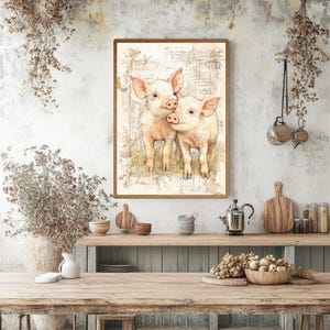 Cuadro de cerdito campestre, lienzo enmarcado de animales de granja, lámina rústica de cerdito bebé, obra de arte vintage de animales de granja, decoración cottagecore imagen 7