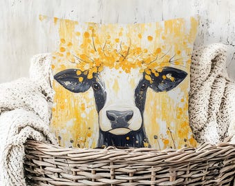 Autumn Cow Pillow, Farmhouse Fall Animal Cushion, Yellow Floral Cow Decor, Rustic Country Throw Pillow, Farll Barnyard Accent