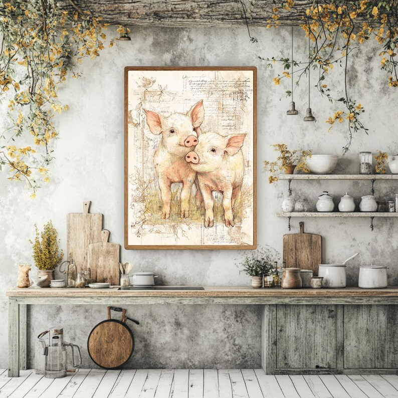 Cuadro de cerdito campestre, lienzo enmarcado de animales de granja, lámina rústica de cerdito bebé, obra de arte vintage de animales de granja, decoración cottagecore imagen 4