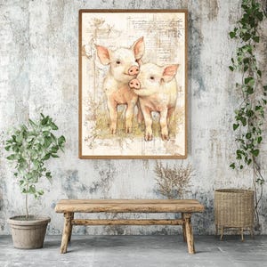 Cuadro de cerdito campestre, lienzo enmarcado de animales de granja, lámina rústica de cerdito bebé, obra de arte vintage de animales de granja, decoración cottagecore imagen 2