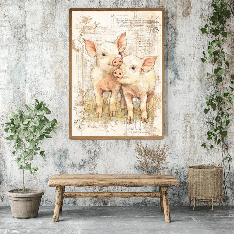 Cuadro de cerdito campestre, lienzo enmarcado de animales de granja, lámina rústica de cerdito bebé, obra de arte vintage de animales de granja, decoración cottagecore imagen 2
