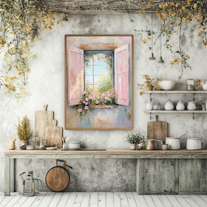 Cottage Window with Pink Shutters Wooden Canvas Wall Art, Romantic Floral Garden View, French Country Pastel Painting Print immagine 7