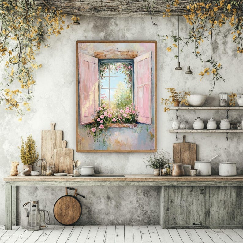 Cottage Window with Pink Shutters Wooden Canvas Wall Art, Romantic Floral Garden View, French Country Pastel Painting Print immagine 7