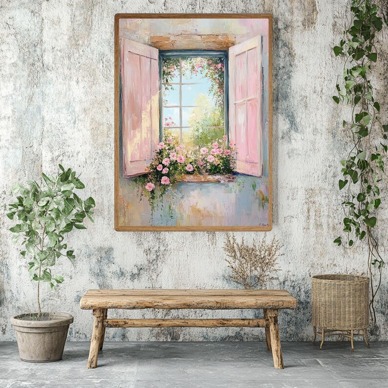 Cottage Window with Pink Shutters Wooden Canvas Wall Art, Romantic Floral Garden View, French Country Pastel Painting Print immagine 5