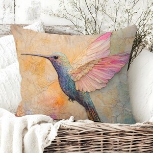 Farmhouse Spring Hummingbird Pillow, Botanical Accent Pillow, Throw Pillow, Woven Pillow, Vintage Bird Pillow Cover, Country Garden Decor