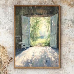 May include: A framed painting shows an open doorway revealing a sunlit forest path. The doors are pale blue, and a wooden chair is inside. The artwork uses greens, blues, and browns, creating a calm, inviting scene. The painting is in a wooden frame.