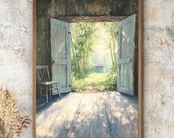 Arte de pared de granja con puerta de granero abierta, lienzo con marco de madera, impresión rústica, decoración de granja tranquila, acento tranquilo para el hogar campestre.
