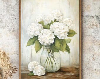 White Hydrangea Framed Canvas Wall Art, Rustic Farmhouse Flower Print, Country Kitchen Botanical Artwork, Vintage Cottage Dining Room Decor