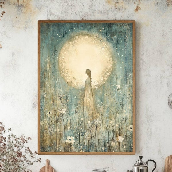 Moonlit Woman Wall Art, Mystical Nature-Inspired Print, Celestial Night Meadow Wooden Canvas, Ethereal Goddess Framed Decor