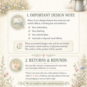 The image is a poster for Honey Hill Farm, featuring illustrations of a barn, flowers, and a magnifying glass. The poster provides information about the farm's offerings, including the types of items they sell and their return policy.
