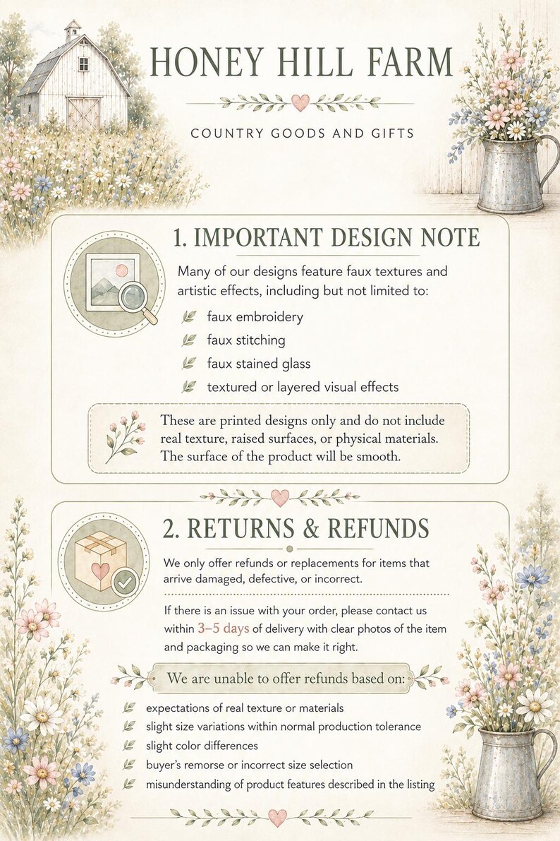 The image is a poster for Honey Hill Farm, featuring illustrations of a barn, flowers, and a magnifying glass. The poster provides information about the farm's offerings, including the types of items they sell and their return policy.