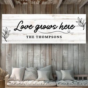 Custom Family Name Canvas, Rustic White Wood Sign, Horizontal Love Grows Here Wall Art, Farmhouse Living Room Accent