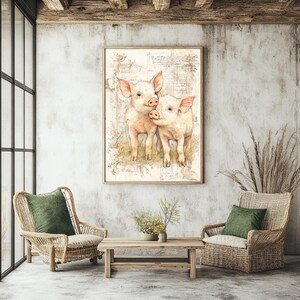 Cuadro de cerdito campestre, lienzo enmarcado de animales de granja, lámina rústica de cerdito bebé, obra de arte vintage de animales de granja, decoración cottagecore imagen 6