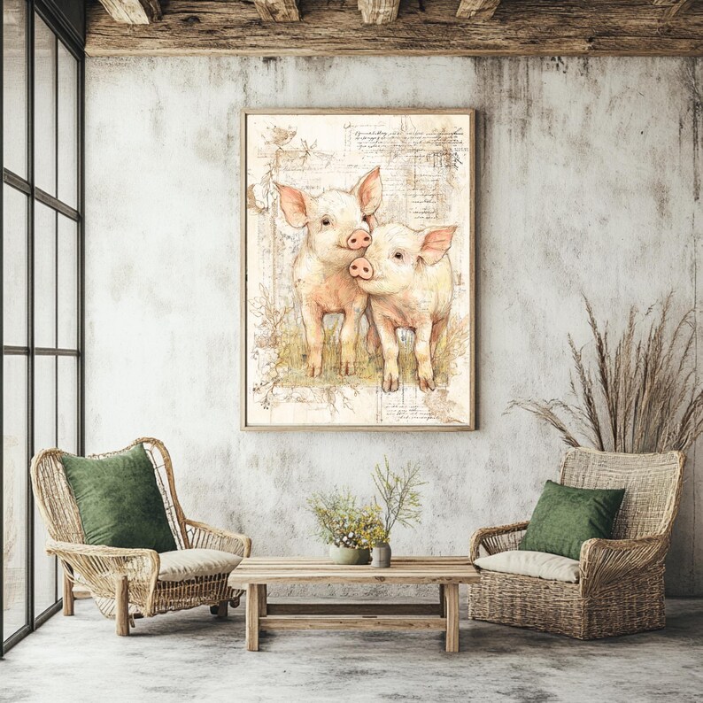 Cuadro de cerdito campestre, lienzo enmarcado de animales de granja, lámina rústica de cerdito bebé, obra de arte vintage de animales de granja, decoración cottagecore imagen 6