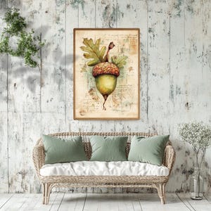 Vintage ekollon botanisk väggkonst, rustik natur inramad canvas, nyckfullt hösttryck av ek, skogsdekor, mysigt lantlig konstverk bild 5