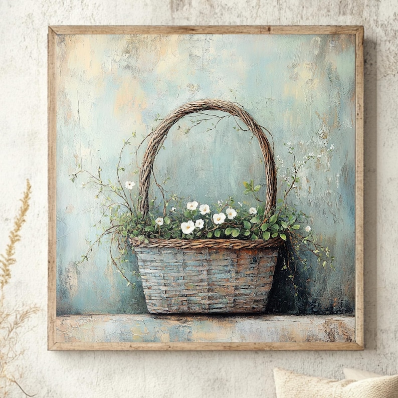 Farmhouse Basket Wall Art, Rustic Floral Canvas Print, Country Cottage Flower Basket Artwork, White Blossoms Wooden Frame Decor image 1
