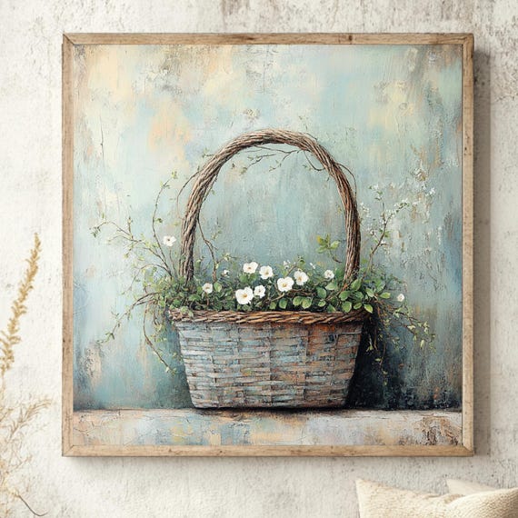 Farmhouse Basket Wall Art, Rustic Floral Canvas Print, Country Cottage Flower Basket Artwork, White Blossoms Wooden Frame Decor