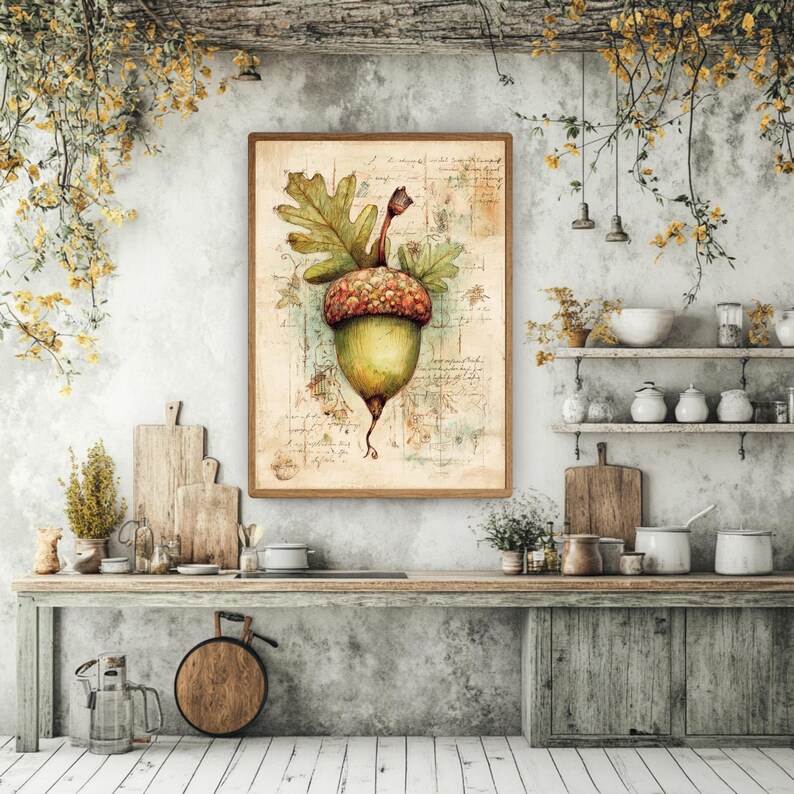 Vintage ekollon botanisk väggkonst, rustik natur inramad canvas, nyckfullt hösttryck av ek, skogsdekor, mysigt lantlig konstverk bild 4