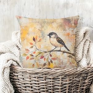 Autumn Sparrow Pillow, Fall Bird on Branch Cushion, Rustic Mixed Media Throw Pillow, Farmhouse Nature Decor, Cozy Country Accent