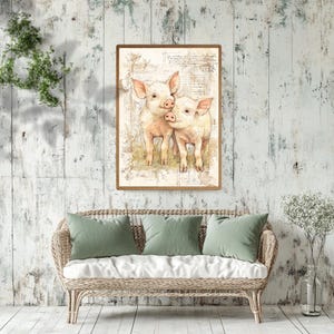 Cuadro de cerdito campestre, lienzo enmarcado de animales de granja, lámina rústica de cerdito bebé, obra de arte vintage de animales de granja, decoración cottagecore imagen 5