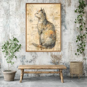 Vintage Katzen Illustration Wandkunst, rustikale Bauernhaus gerahmte Leinwand, wunderliche Katzen Skizze, gemütliche ländliche Wohnkultur Bild 2